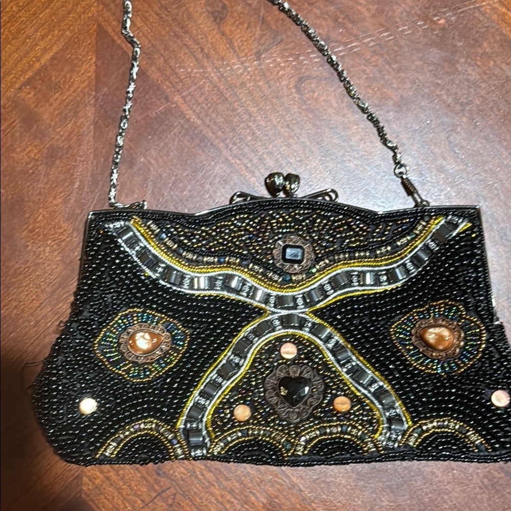 Amazing beaded heavy Black and Gold Evening Clutch vintage look unique
